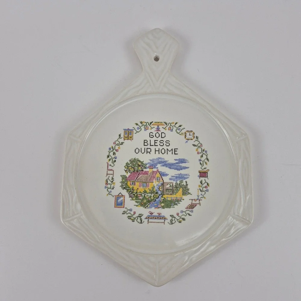 Vintage God Bless Our Home Ceramic Trivet Wall Hanging West Virginia Craftsman